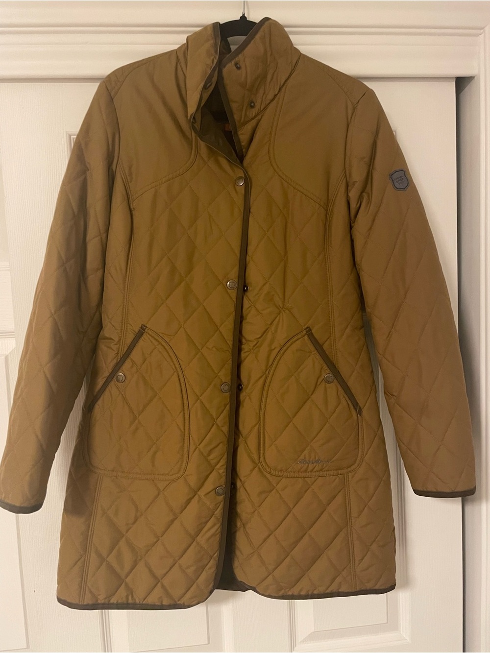 Eddie Bauer Quilted Long Puffer Coat in Camel Brown S